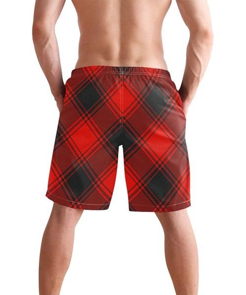 Trunks Mens Swim Trunks Buffalo Plaid Pattern Red Black Inclined Beach Board Shorts - C418MHM24MO