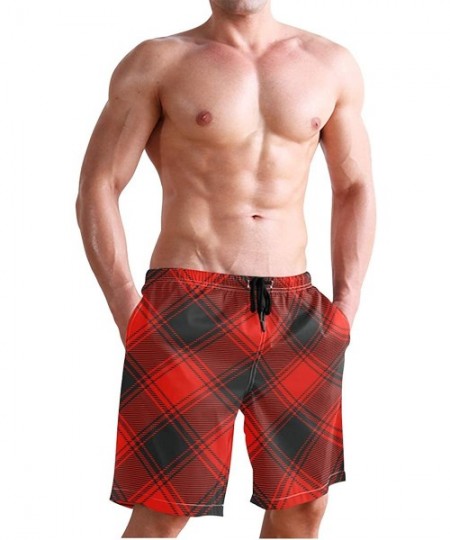 Trunks Mens Swim Trunks Buffalo Plaid Pattern Red Black Inclined Beach Board Shorts - C418MHM24MO