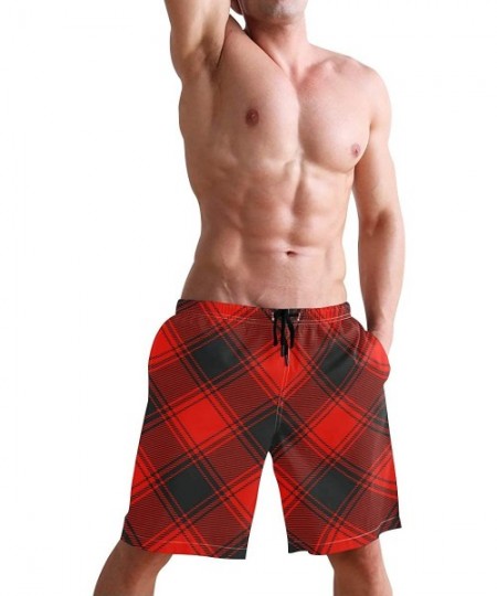 Trunks Mens Swim Trunks Buffalo Plaid Pattern Red Black Inclined Beach Board Shorts - C418MHM24MO