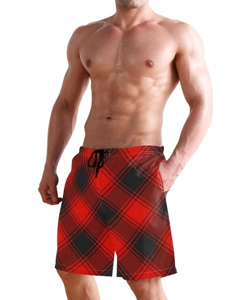 Trunks Mens Swim Trunks Buffalo Plaid Pattern Red Black Inclined Beach Board Shorts - C418MHM24MO