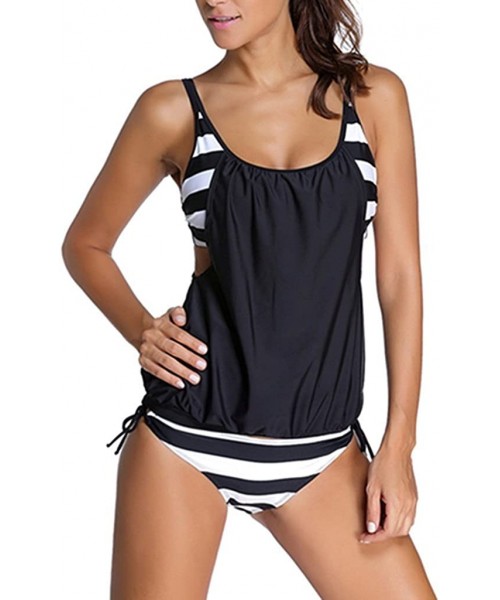 Tankinis Women Stripes Print Sporty Double Up Layered Two Piece Tankini Sets Swimsuits - 1-black - C012FOIN99N