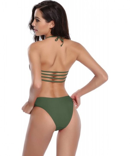 Sets Womens Bikini Padded Cutout Strappy Halter Swimsuits Two Piece Bathing Suits - Olive Green - CX18EO6XI4R