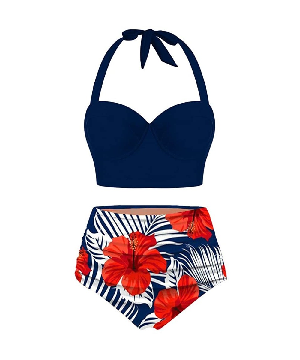 Sets Women Floral Print High Waist Crop Tops+Shorts Two Piece Swimwear Halter Tankini - Navy - CF1967TL65W