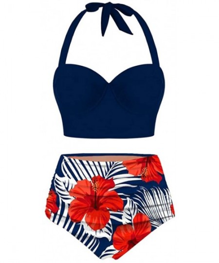 Sets Women Floral Print High Waist Crop Tops+Shorts Two Piece Swimwear Halter Tankini - Navy - CF1967TL65W