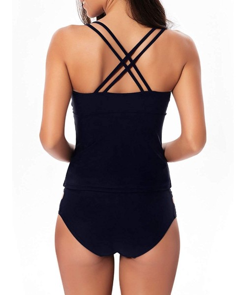 Racing V Neck Tankini Swimsuits for Women Criss Cross Back Two Piece Swimwear Plus Size Tummy Control Bathing Suits Navy - CW...