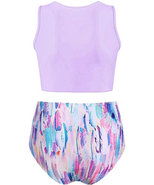 Racing Women's Bathing Suit Scoop Neck Feather Print Padded Tankini Swimsuit - Purple Mimosa - C818W3Q7KG9