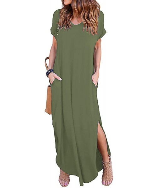 Cover-Ups Women's Short Sleeve V Neck Pocket Casual Side Split Beach Long Maxi Dress - Army Green - CE18CIN309O