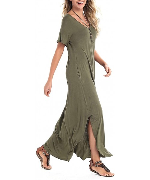 Cover-Ups Women's Short Sleeve V Neck Pocket Casual Side Split Beach Long Maxi Dress - Army Green - CE18CIN309O