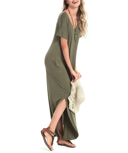 Cover-Ups Women's Short Sleeve V Neck Pocket Casual Side Split Beach Long Maxi Dress - Army Green - CE18CIN309O