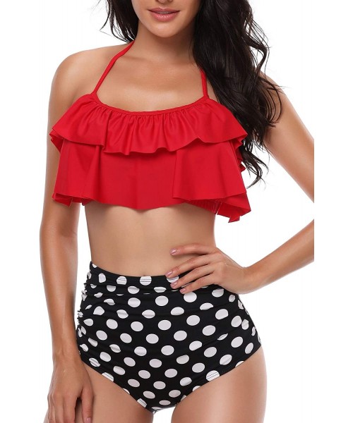 Sets Retro High Waisted Swimsuit for Women Vintage Flounce Two Piece Bikini Cute Ruffles Halter Neck Bathing Suits Red - CW18...