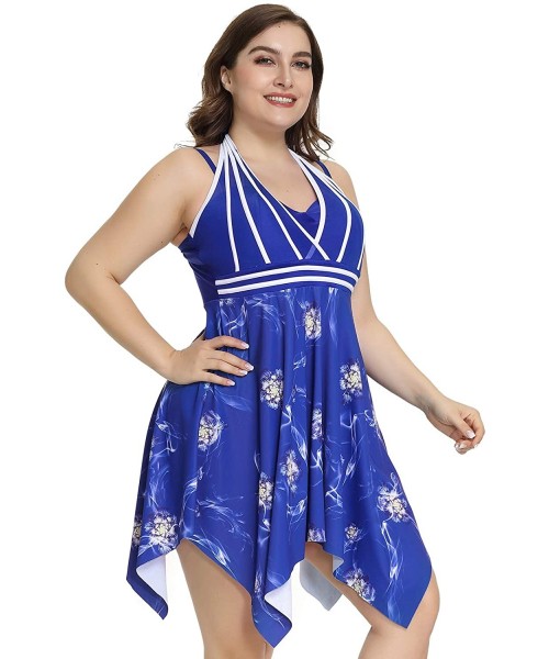 One-Pieces Womens Halter Swimdress Plus Size Two Piece Swimsuit Tankini Set with Boyshorts - Blue - CP193ILCNNL