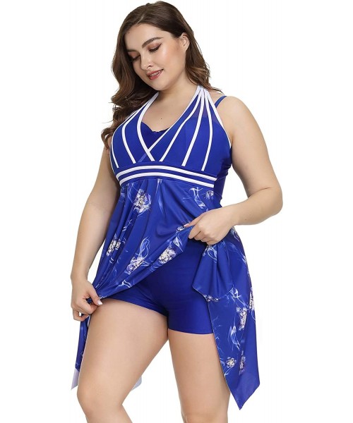 One-Pieces Womens Halter Swimdress Plus Size Two Piece Swimsuit Tankini Set with Boyshorts - Blue - CP193ILCNNL