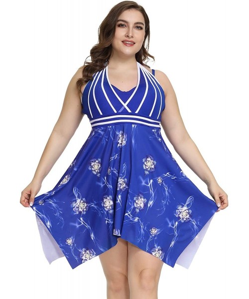 One-Pieces Womens Halter Swimdress Plus Size Two Piece Swimsuit Tankini Set with Boyshorts - Blue - CP193ILCNNL