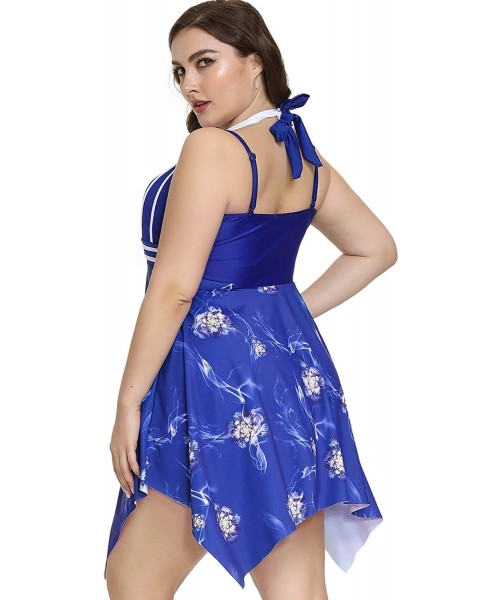 One-Pieces Womens Halter Swimdress Plus Size Two Piece Swimsuit Tankini Set with Boyshorts - Blue - CP193ILCNNL