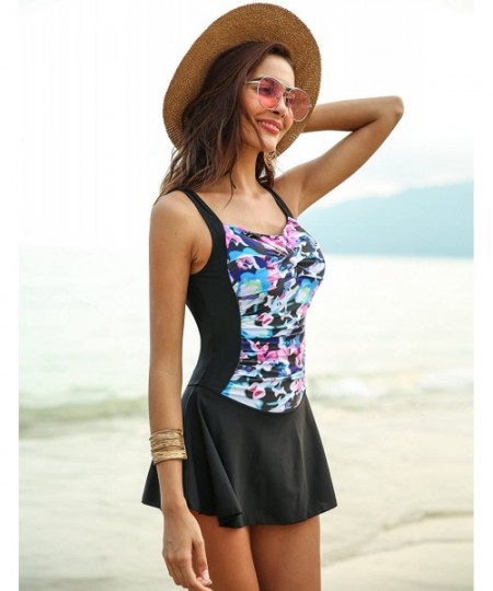 One-Pieces Swim Dress One Piece Bathing Suit Skirted Swimsuits for Women Ruched Retro Swimwear S-XXL - Black - CD18CL5A8R6