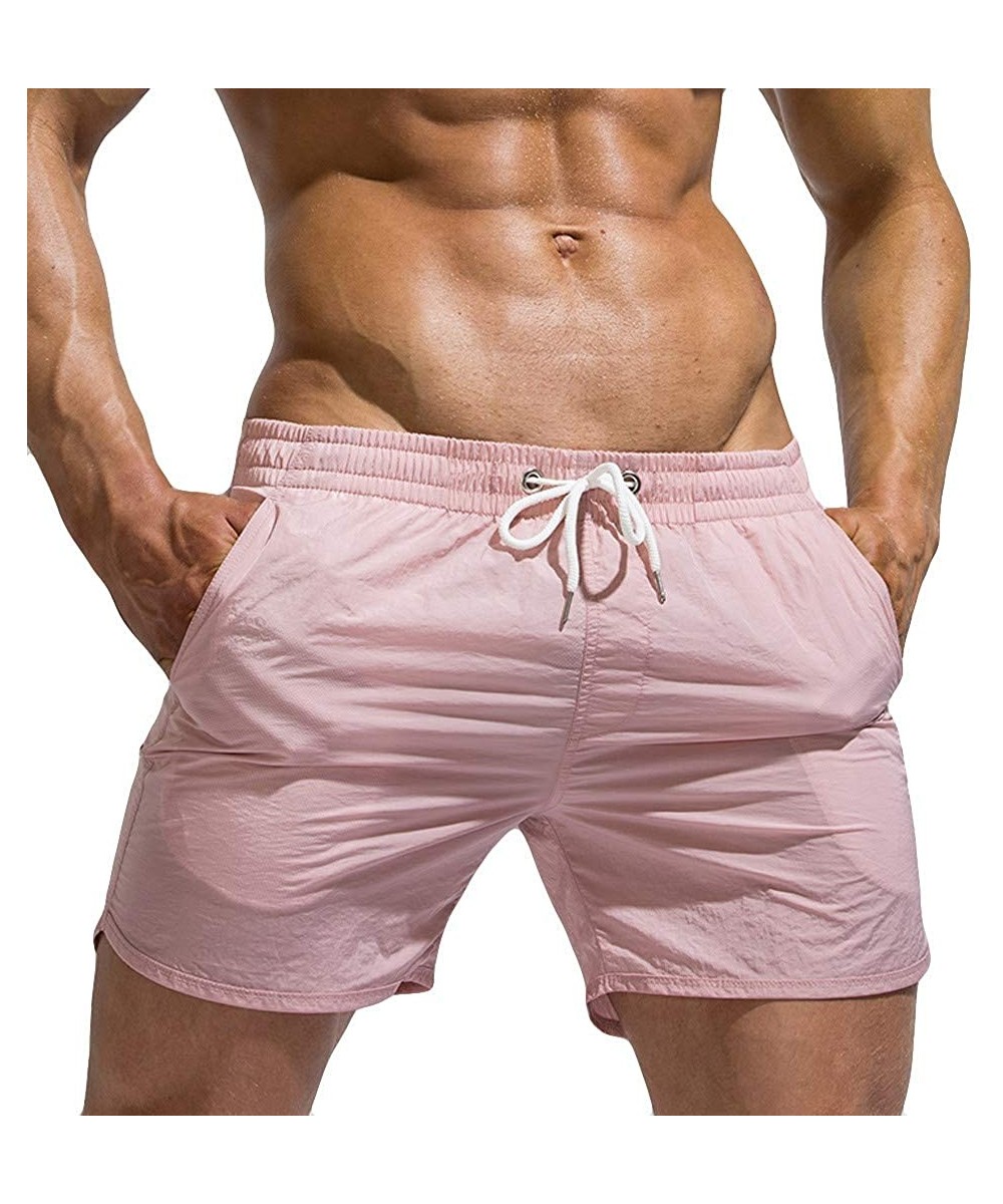 Racing Fitted Shorts Quick Drying Bodybuilding Sports Running Tight Shorts Swim Trunks Summer Beach Shorts - Pink - CG195ANCT40