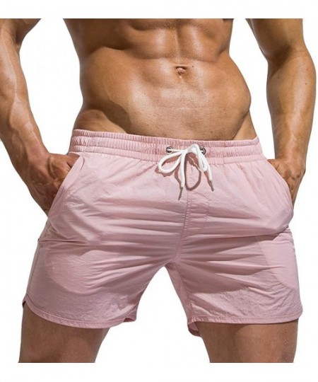 Racing Fitted Shorts Quick Drying Bodybuilding Sports Running Tight Shorts Swim Trunks Summer Beach Shorts - Pink - CG195ANCT40