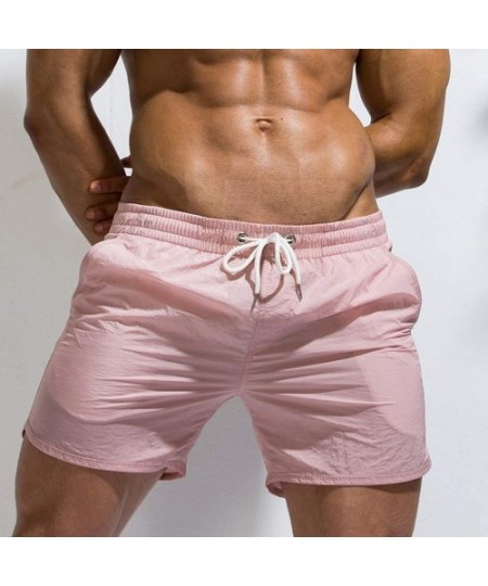 Racing Fitted Shorts Quick Drying Bodybuilding Sports Running Tight Shorts Swim Trunks Summer Beach Shorts - Pink - CG195ANCT40