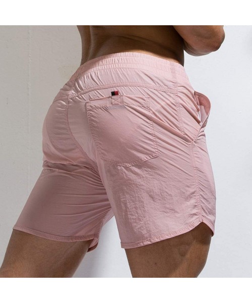 Racing Fitted Shorts Quick Drying Bodybuilding Sports Running Tight Shorts Swim Trunks Summer Beach Shorts - Pink - CG195ANCT40