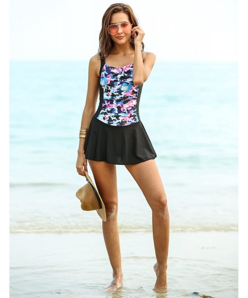 One-Pieces Swim Dress One Piece Bathing Suit Skirted Swimsuits for Women Ruched Retro Swimwear S-XXL - Black - CD18CL5A8R6