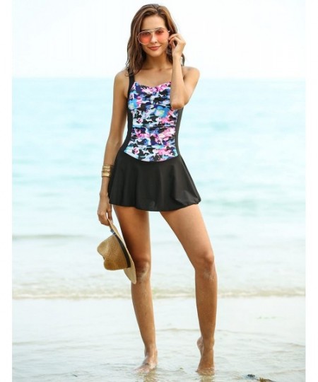 One-Pieces Swim Dress One Piece Bathing Suit Skirted Swimsuits for Women Ruched Retro Swimwear S-XXL - Black - CD18CL5A8R6