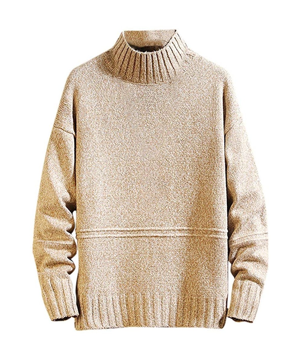 Rash Guards Sweater- Men's Autumn Winter Casual Pure Color Turtleneck Long Sleeve Knitted Top - Khaki - CO18XU046WD