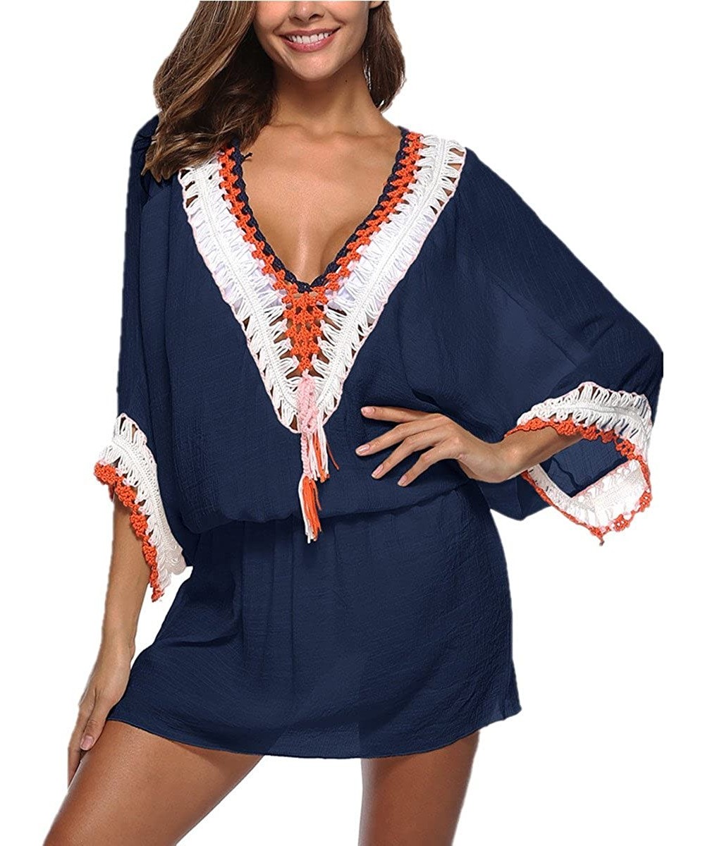 Cover-Ups Women's Pom Pom Trim Kaftan Swimsuit Tunic Cover Up Beach Dress - Blue2 - CO18CW9RD5Y