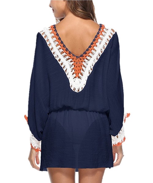 Cover-Ups Women's Pom Pom Trim Kaftan Swimsuit Tunic Cover Up Beach Dress - Blue2 - CO18CW9RD5Y