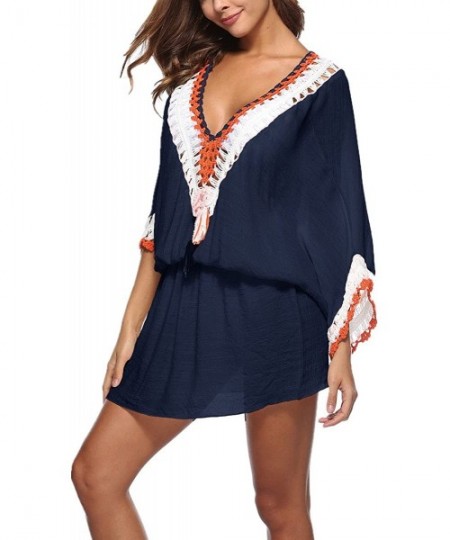 Cover-Ups Women's Pom Pom Trim Kaftan Swimsuit Tunic Cover Up Beach Dress - Blue2 - CO18CW9RD5Y