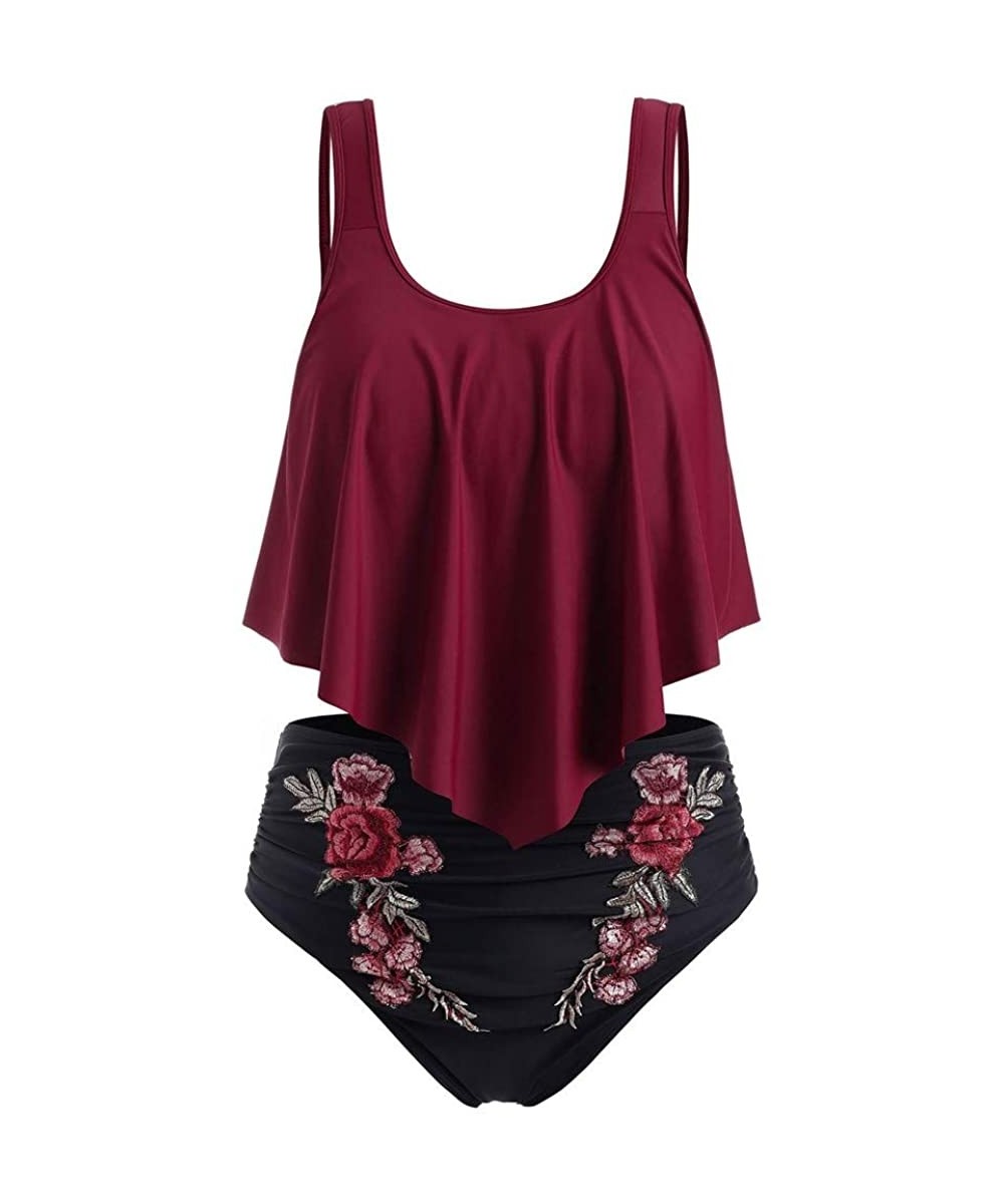 Tankinis Women's Two Pieces Ruched High Waist Bikini Set - 04 Embroidery Floral-burgundy - C918W4HX3LC