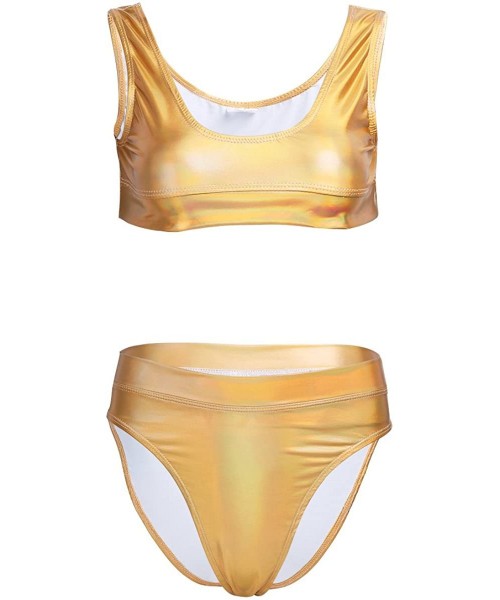 Sets 2Pcs Sets Women Shiny Metallic Patent Leather Crop Tank Top High Waist Shorts Bikini Bottoms Swimwear Sets - Gold - CY18...