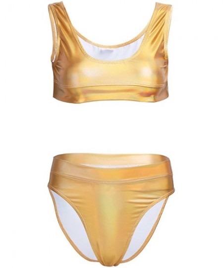 Sets 2Pcs Sets Women Shiny Metallic Patent Leather Crop Tank Top High Waist Shorts Bikini Bottoms Swimwear Sets - Gold - CY18...