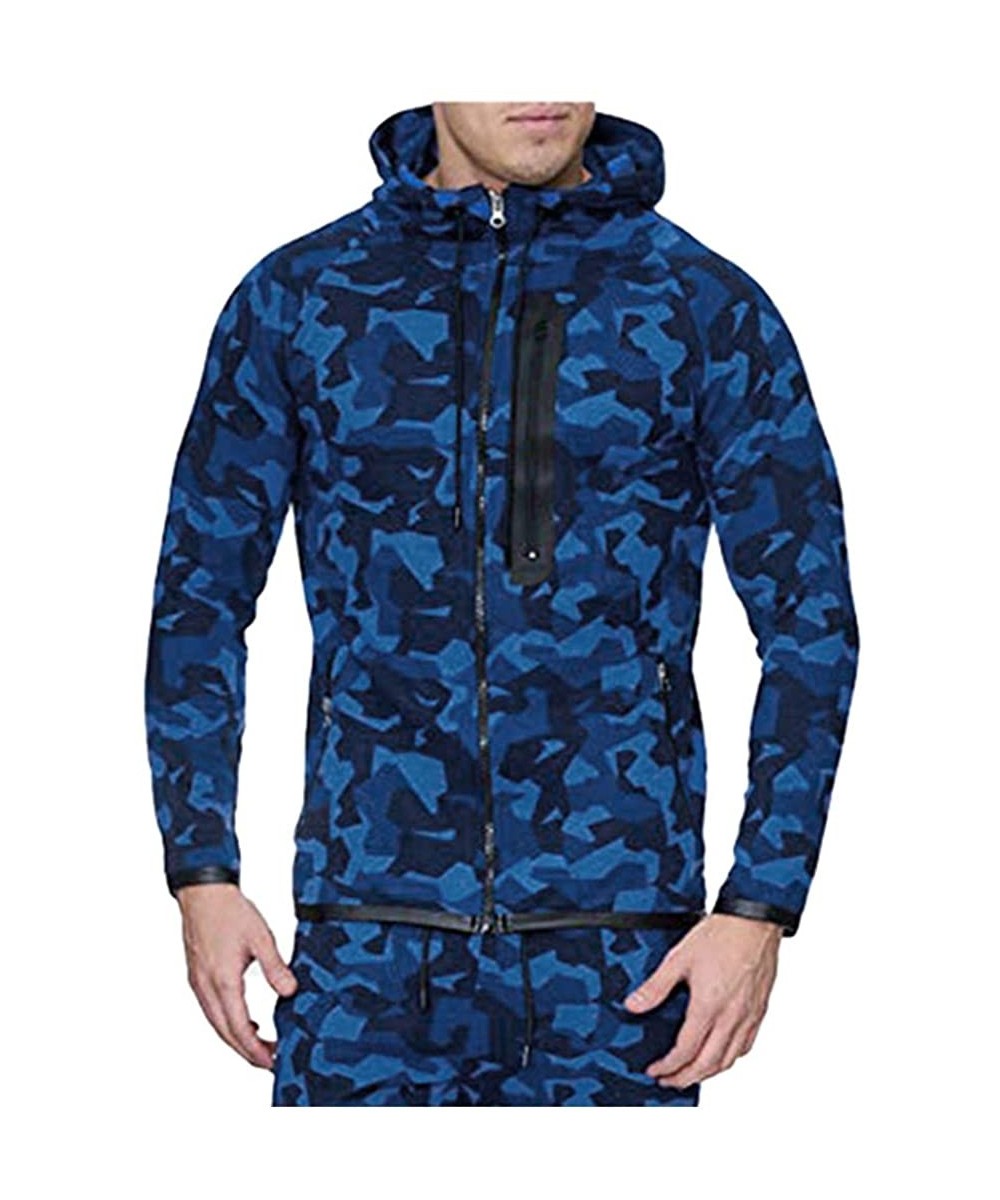 Briefs Mens Camouflage Print Zipper Hoodies Casual Long Sleeve Hooded Sweatshirt Drawstring Slim Fit Sport Outwear - Dark Blu...