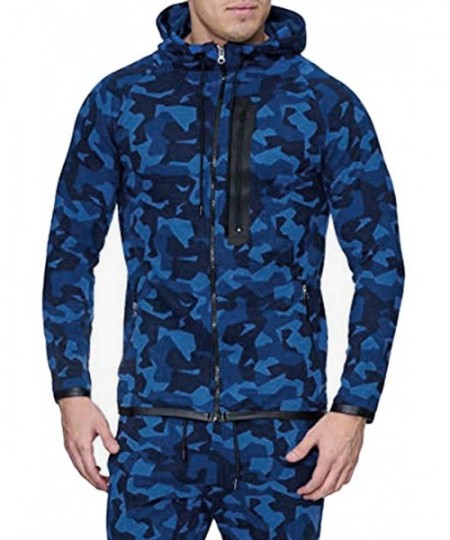 Briefs Mens Camouflage Print Zipper Hoodies Casual Long Sleeve Hooded Sweatshirt Drawstring Slim Fit Sport Outwear - Dark Blu...