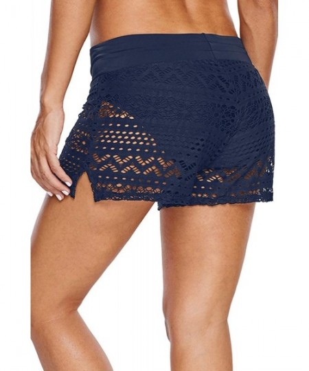 Bottoms Women High Waist Swim Bottom Waistband Laser Cut Swim Short with Panty S-2XL - Navy-lace - C01962ILIN3