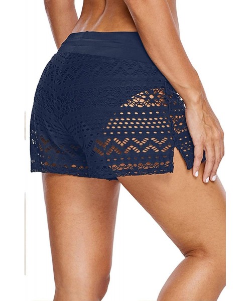 Bottoms Women High Waist Swim Bottom Waistband Laser Cut Swim Short with Panty S-2XL - Navy-lace - C01962ILIN3