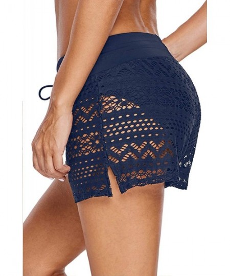 Bottoms Women High Waist Swim Bottom Waistband Laser Cut Swim Short with Panty S-2XL - Navy-lace - C01962ILIN3