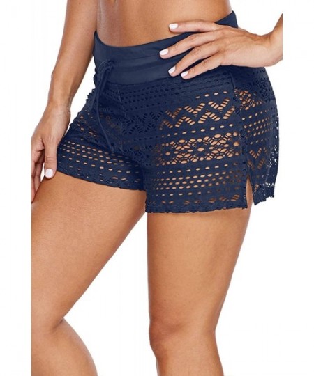 Bottoms Women High Waist Swim Bottom Waistband Laser Cut Swim Short with Panty S-2XL - Navy-lace - C01962ILIN3