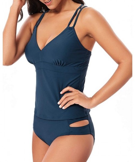 Sets Womens Tankini Swimsuits V Neck Criss Cross Back Tankini Set Tummy Control Two Piece Bathing Suits - Navy Blue - CP197R5...