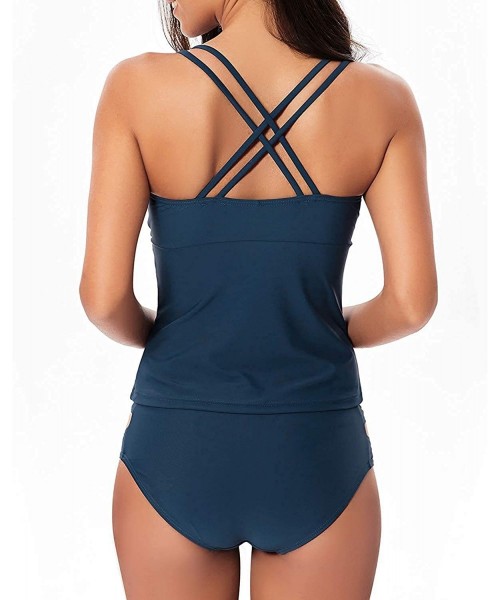 Sets Womens Tankini Swimsuits V Neck Criss Cross Back Tankini Set Tummy Control Two Piece Bathing Suits - Navy Blue - CP197R5...