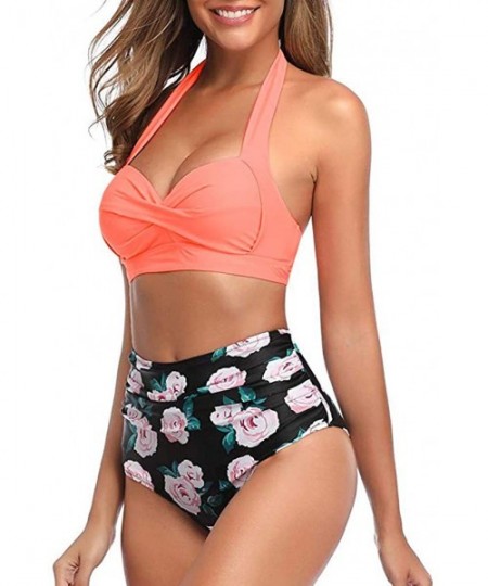 Tankinis Women Vintage Swimsuit Two Piece Retro Halter High Waist Print Bikini Set - Pink - C3194UL4WLA