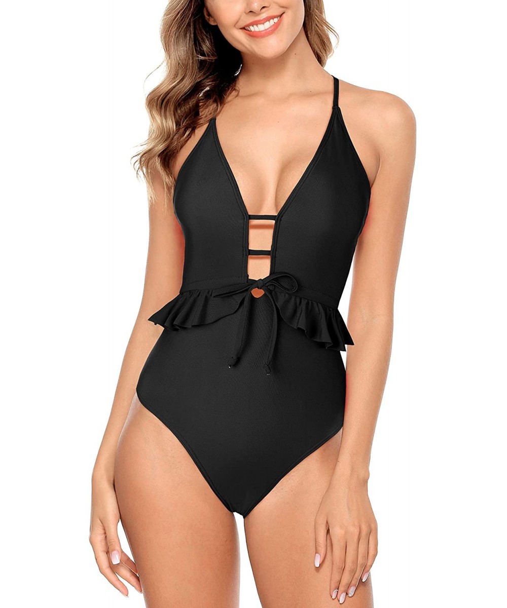 One-Pieces Women's Cutout One Piece Swimsuits High Waist Monokini Tie Knot Bathing Suit - Ruffle Black - C0190KZ6GW8