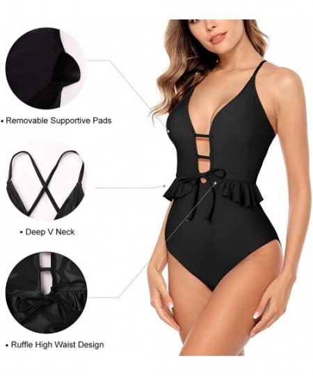 One-Pieces Women's Cutout One Piece Swimsuits High Waist Monokini Tie Knot Bathing Suit - Ruffle Black - C0190KZ6GW8