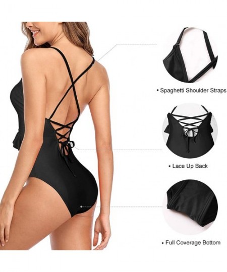 One-Pieces Women's Cutout One Piece Swimsuits High Waist Monokini Tie Knot Bathing Suit - Ruffle Black - C0190KZ6GW8