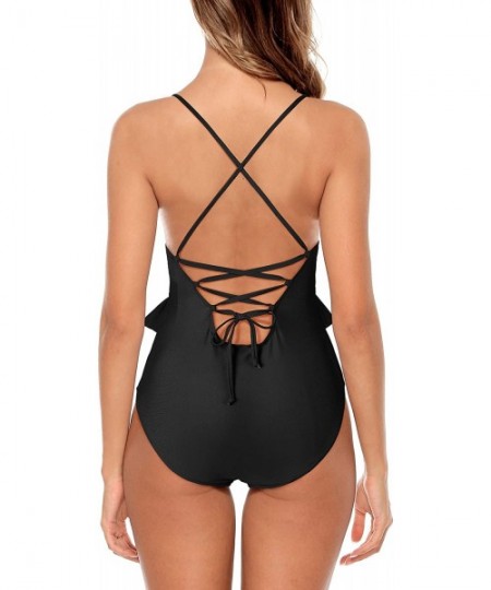 One-Pieces Women's Cutout One Piece Swimsuits High Waist Monokini Tie Knot Bathing Suit - Ruffle Black - C0190KZ6GW8