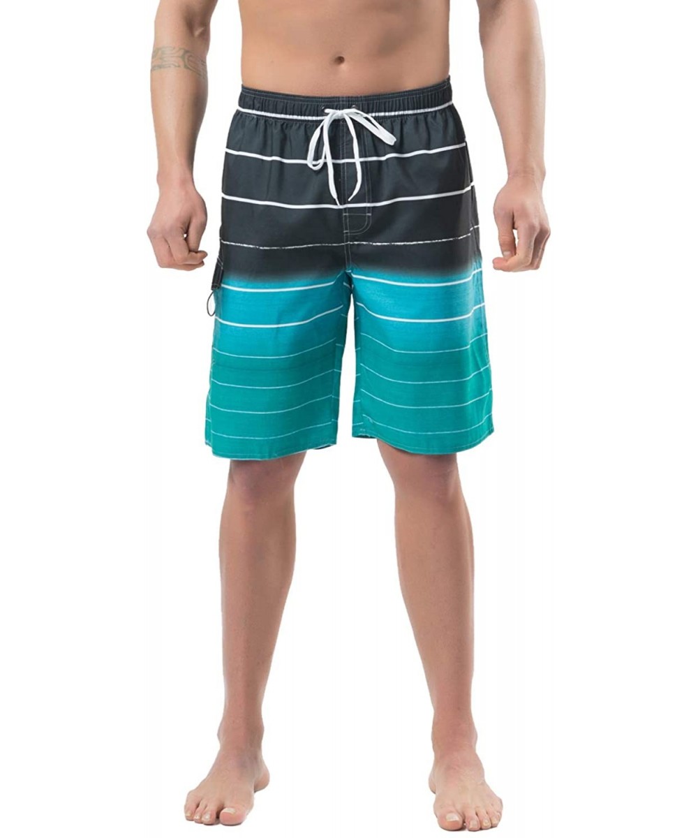 Board Shorts Mens Quick Dry Swim Trunks Striped Print Board Shorts with Mesh Lining- Pocket- Elastic Waistband - B6-green - C...