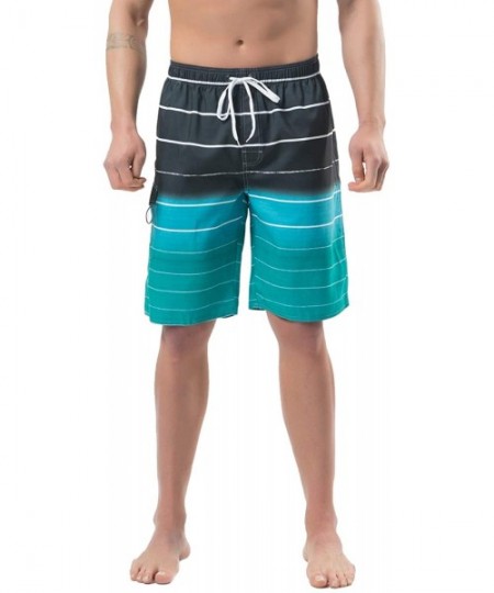 Board Shorts Mens Quick Dry Swim Trunks Striped Print Board Shorts with Mesh Lining- Pocket- Elastic Waistband - B6-green - C...