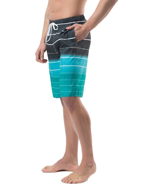 Board Shorts Mens Quick Dry Swim Trunks Striped Print Board Shorts with Mesh Lining- Pocket- Elastic Waistband - B6-green - C...