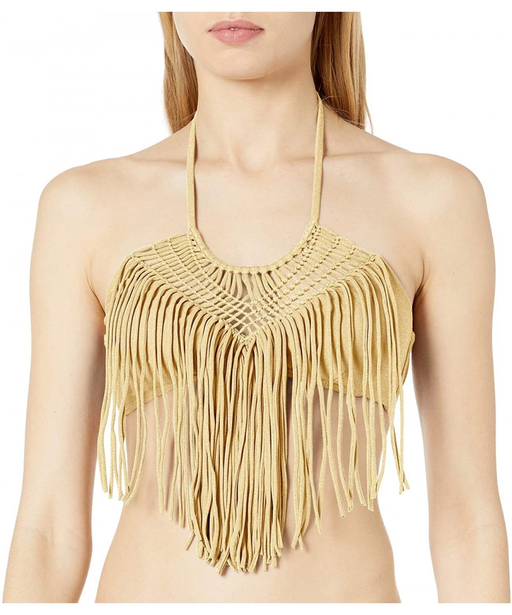 Tops Women's Heart of A Hippie Weave Fringed Halter Bikini Top - Gold Rush - CB12O1JIOZD