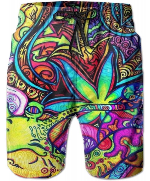 Board Shorts Men's Slim Fit Quick Dry Swim Trunks Fashion 3D Printed Beach Board Shorts - Psychedelic Multi Color Marijuana L...